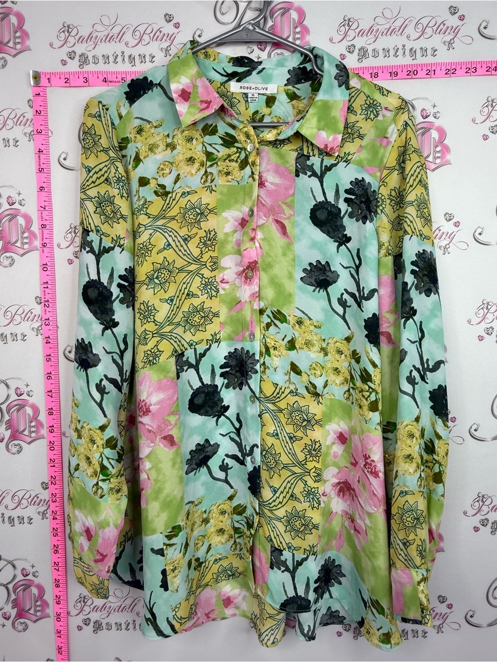 Rose & Olive Pastel Floral Patchwork Button-Up Shirt long sleeve